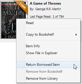 The right-click menu for a book with Return Borrowed Item selected. See instructions above.